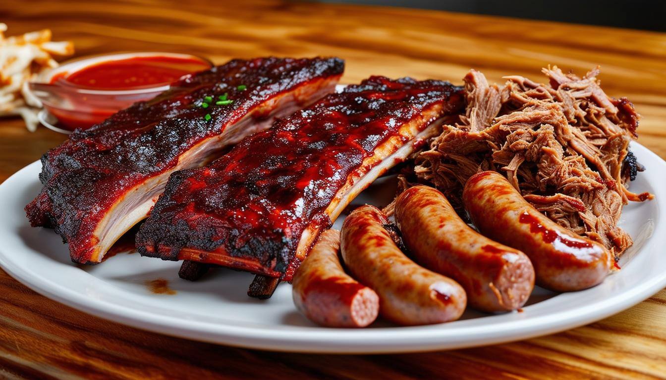 bbq ribs, pulled pork, and sausage on a plate-2